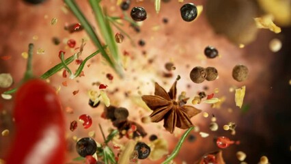 Poster - Super Slow Motion of Falling and Rotating Spices Mix. Filmed on High Speed Cinema Camera, 1000 fps.
