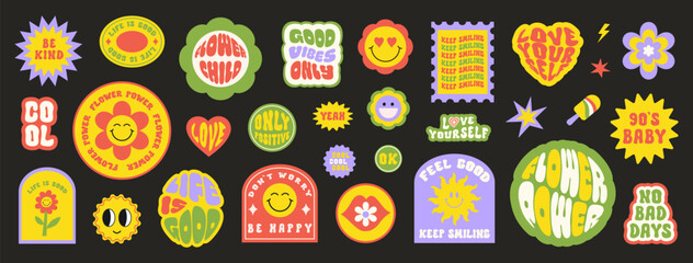 Wall Mural - Trendy colorful set stickers with smiling face and text. Collection of cartoon shapes, positive slogans in style 90s. Vector illustration