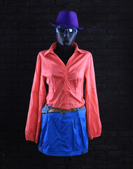 Wall Mural - red shirt with long sleeves and blue short skirt on a mannequin