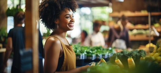 Smiling woman shopping for fresh vegetables at local market. Organic produce and healthy lifestyle.