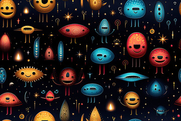 Wall Mural - seamless pattern texture with funny cartoon characters multicolored aliens in space on black backgro