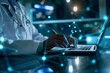 Medicine doctor writing electronic medical record of patient on laptop. Digital healthcare and network connection on hologram virtual interface, Medical technology and social network. generative AI