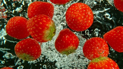 Fototapete - Super slow motion of falling strawberries into water on black background. Filmed on high speed cinema camera, 1000 fps. Speed ramp effect.