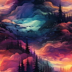 Wall Mural - landscape with multicolored northern lights at night in a colorful sky with stars with a seamless pa