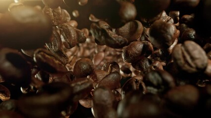 Aufkleber - Super Slow Motion of Falling Coffee Beans Isolated on Black Background. Macro Shot. Filmed on High Speed Cinema Camera, 1000 fps.