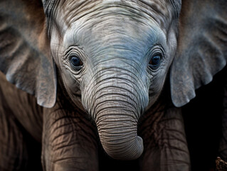 The image shows a cute baby elephant with a curious expression, seen up close.