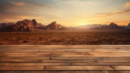 Sticker - sunset in the desert on the wooden podium