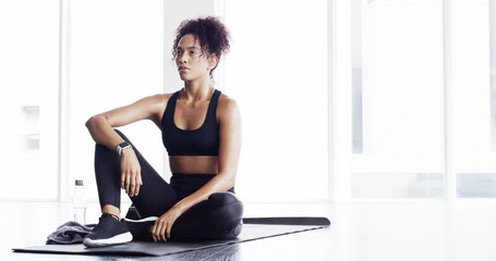 Canvas Print - Relax, fitness and woman in gym with breathing at exercise workout, rest and sitting on floor. Fatigue, sweat and tired athlete girl on ground on break, commitment in healthy body and sports training