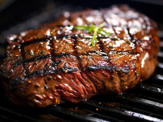 A mouthwatering closeup of a perfectly grilled, juicy BBQ steak with irresistible char marks.