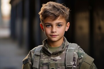 Wall Mural - Portrait of a boy in a military uniform on the street.