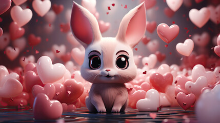 Wall Mural - cute cartoon character hare bunny rabbit on festive background with pink hearts balloons. Greeting card for celebrating Valentine's Day