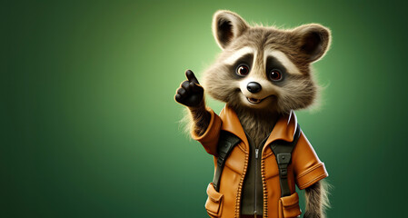 Wall Mural - cute cartoon character raccoon points paw at copy space on an green isolated background