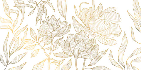 Wall Mural - Vector gold line flower pattern, luxury art background. Leaves and peonies abstract wallpaper, texture plant ornament, wedding illustration