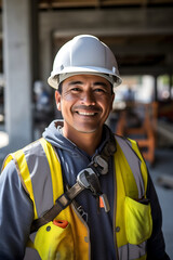 Wall Mural - One happy construction worker smiling and looking at the camera, wearing a vest with a white helmet, standing on a construction site. Foreman job in the industry, young Caucasian employee