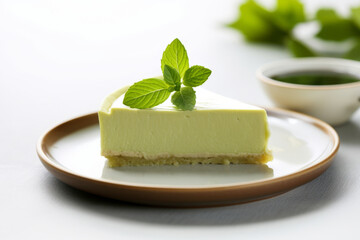 A slice of cheesecake with japanese matcha green tea on the white plate