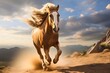 Photography of beautiful brown horse running or galloping on the dusty wilderness road. Mountains and cloudy sky in the background. Stallion freedom, equestrian untamed spirit