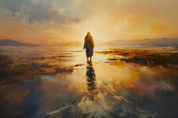 Wall Mural - Jesus walks on water. Digital oil painting illustration