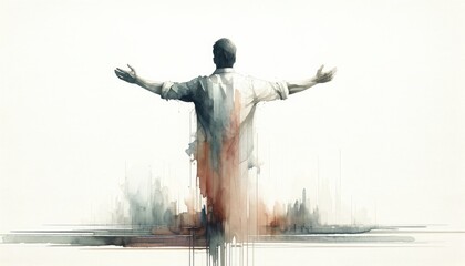 Wall Mural - Digital painting of man in worship in front of a watercolor abstract cityscape. Watercolor painting