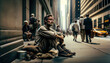 Homeless Man on City Sidewalk, Captured in Vivid Detail - AI Generated