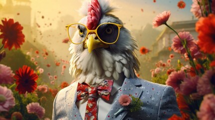 Wall Mural - imaginative animal idea. a chicken hen dressed in a sharp suit is surrounded by a fantastical garden