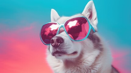 Wall Mural - imaginative animal idea. a husky dog wearing sunglasses is depicted in a surreal surrealist editoria