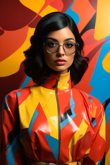 Poster - Woman wearing glasses and colorful jacket with colorful background.