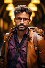 Poster - Man with beard and glasses wearing brown jacket.