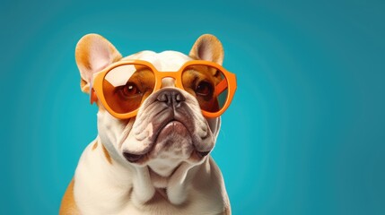 Wall Mural - imaginative animal idea. bulldog dog puppy in sunglasses, editorial advertisement, surreal, isolated