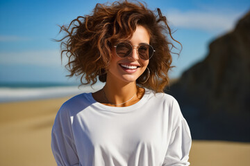 Sticker - Woman with white shirt and sunglasses on beach.