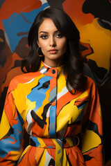 Poster - Woman in colorful shirt posing for picture.