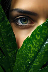 Poster - Woman's eye is seen through leaf.