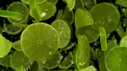Aufkleber - Super slow motion of flying lime slices on black background. Filmed on high speed cinema camera, 1000 fps. Camera placed on high speed cine bot, tracking the object. Speed ramp effect.