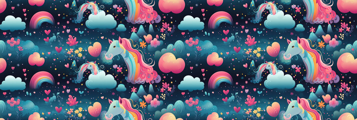 Wall Mural - seamless pattern with cute unicorns on multicolored rainbow background