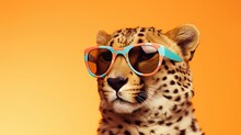 Imaginative Animal Idea. Cheetah In Sunglass Shades, Editorial Advertisement, Dreamlike, Isolated On Solid Pastel Background