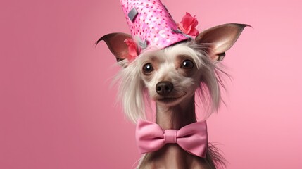 Wall Mural - imaginative animal idea. chinese crested puppy with party dress including cone hat, choker, and bow 