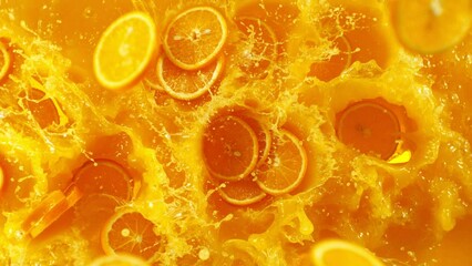 Poster - Super Slow Motion of Splashing Orange Juice. Filmed on High Speed Cinema Camera, 1000 fps. Abstract Liquid Background with Orange Slices.