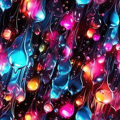 Wall Mural - neon seamless pattern with bright colorful rainbow water drop droplets on the glass surface on black multicolored background