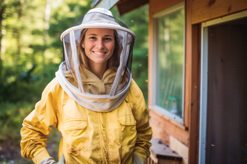 woman wearing full body protection against bees. smiling. behind is bee house, making honey. living 