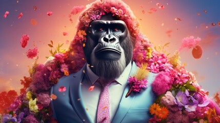 Wall Mural - imaginative animal idea. gorilla dressed in a business suit, in a fantastical field of blossoming fl