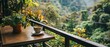 An elegant table with a cup of coffee overlooking a lush forest. A carefree place where you can enjoy a moment of silence and nature