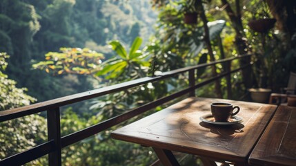 An elegant table with a cup of coffee overlooking a lush forest. A carefree place where you can enjoy a moment of silence and nature