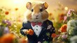 imaginative animal idea. Hamster wearing a sharp suit, amid a fantastical garden with blossoming flowers. banner card for commercial and journalistic advertising