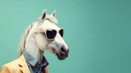 Wall Mural - imaginative animal idea. horse wearing sunglasses, isolated on a solid pastel background, editorial 