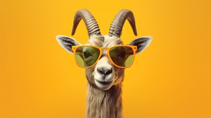 Wall Mural - imaginative animal idea. ibex wearing sunglass shades on solid pastel background for editorial or co