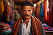 Photo of a Moroccan man wearing a mix of traditional and modern attire in the vibrant souks of Marrakech
