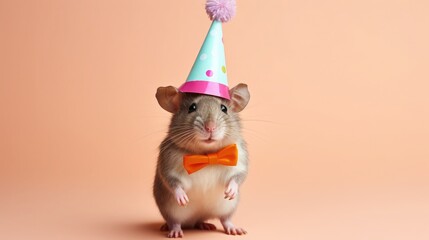 Wall Mural - imaginative animal idea. mouse rodent dressed for a party wearing a cone hat, a necklace, and a bow 