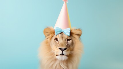 Wall Mural - imaginative animal idea. lion dressed for a party wearing a cone hat, a necklace, and a bow tie, iso