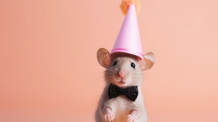 Wall Mural - imaginative animal idea. mouse rodent dressed for a party wearing a cone hat, a necklace, and a bow 