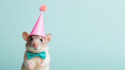 Wall Mural - imaginative animal idea. mouse rodent dressed for a party wearing a cone hat, a necklace, and a bow 