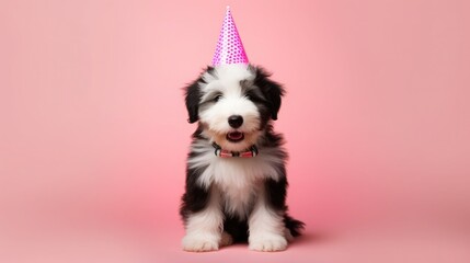 Wall Mural - imaginative animal idea. old english sheepdog puppy dressed for a party in a cone hat, necklace, and